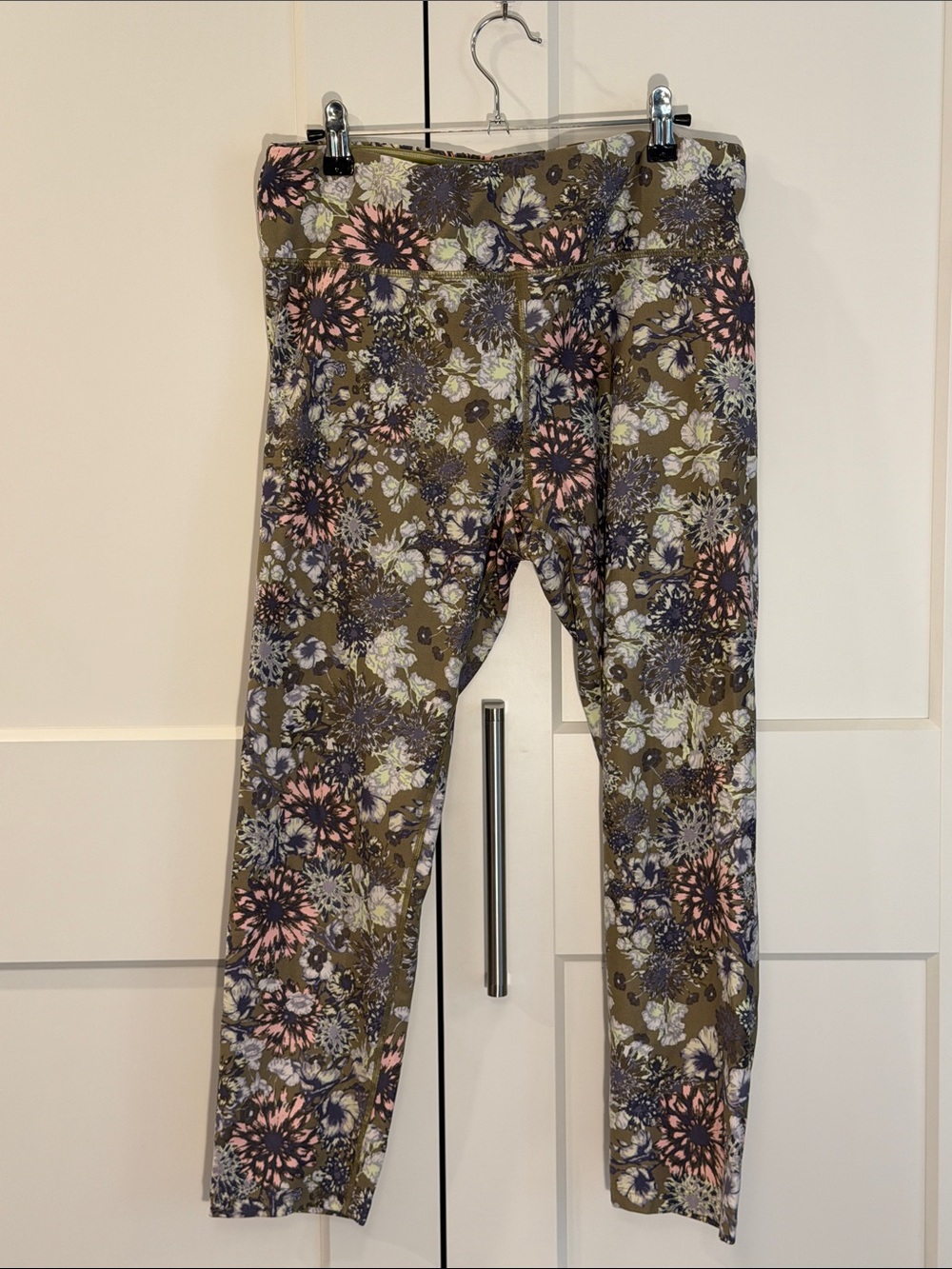 Calvin Klein Olive Floral Print Leggings with Pink and Purple Accents